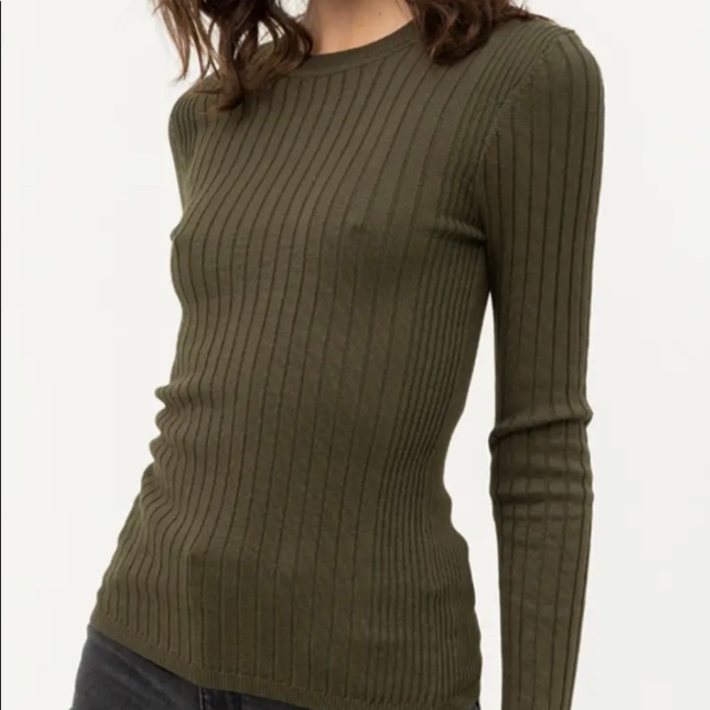 Fitted Ribbed Knit Sweater in Olive